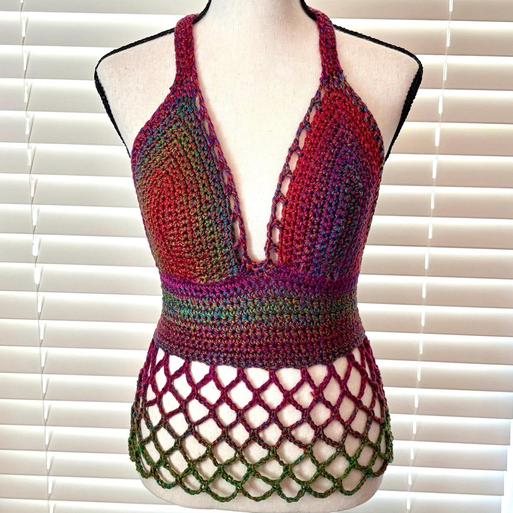 Handmade Crochet Halter Top, Jewel Tone Festival Boho Open Back One of a Kind